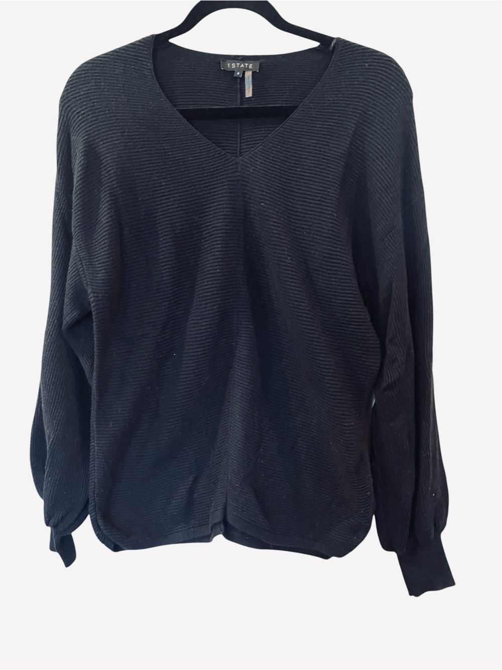1.State Women’s Pullover Black Knit  Ribbed Sweater Bubble Sleeve V-neck Small - Picture 3 of 5